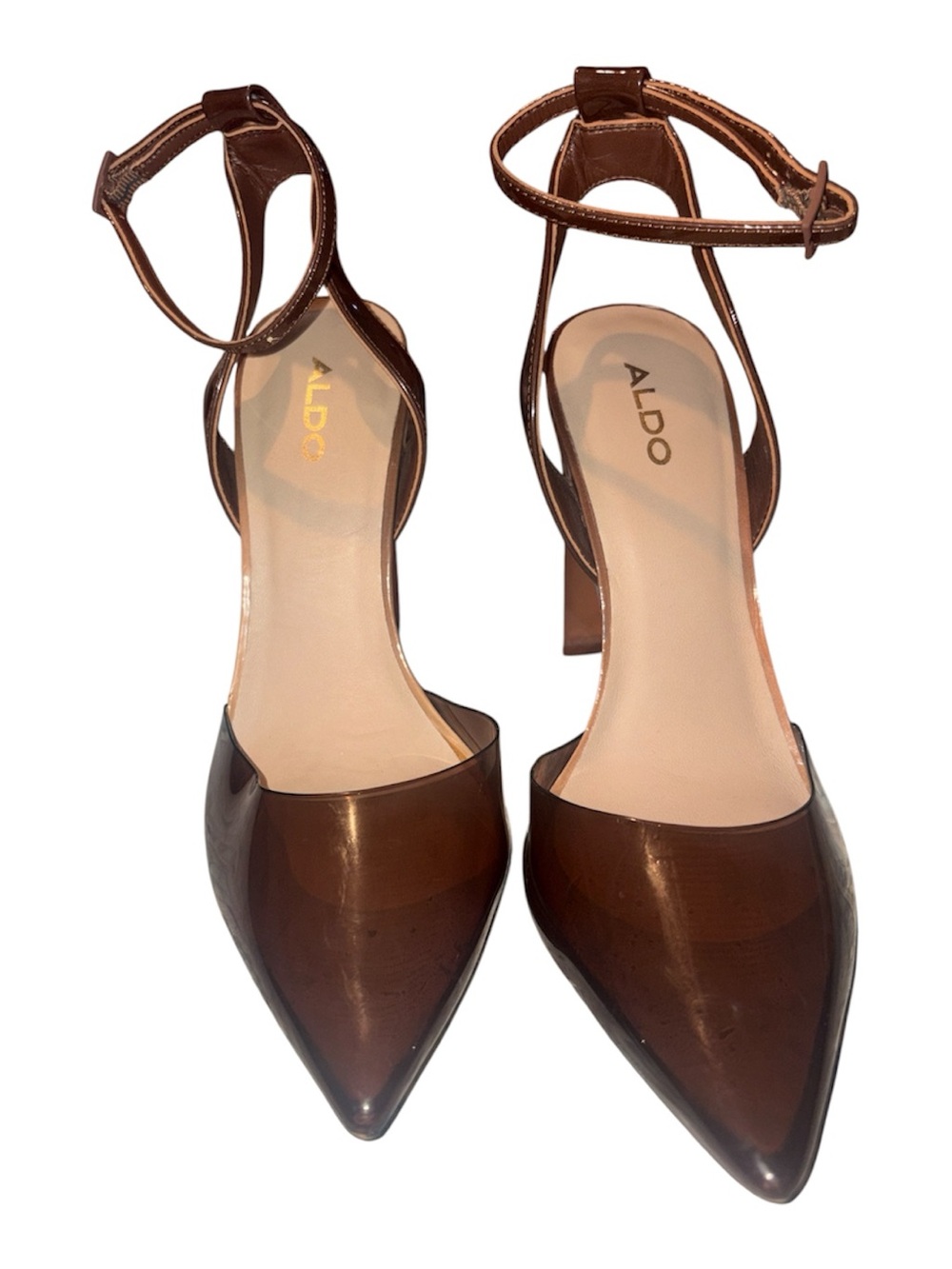 ALDO Brown Pointed Patent Ankle-Strap Heels